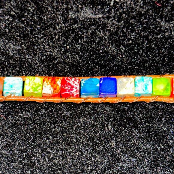 Boho leather wrap square stone rainbow colored bead bracelet flower clasp - Picture 5 of 7